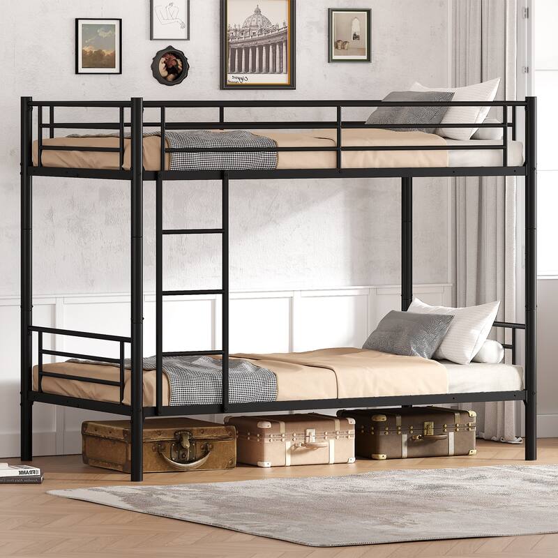 Twin Over Twin Bunk Bed Metal Frame Black Finish Ladder Guardrail - Black