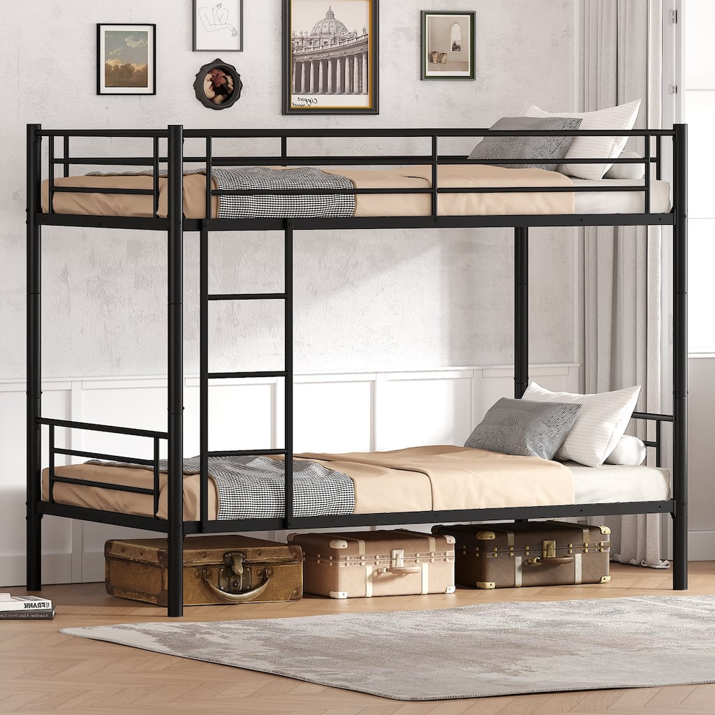 Twin Over Twin Bunk Bed Metal Frame Black Finish Ladder Guardrail