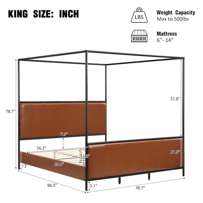 Canopy Bed Frame with Upholstered Headboard and Iron Legs, Low-Profile Platform Bed