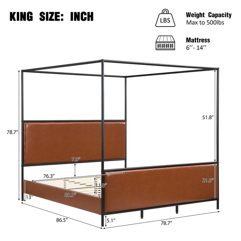 Modern Canopy Bed Frame with Upholstered Headboard Footboard, Platform Bed with Metal Frame, Wooden Slat Support, Noise-free