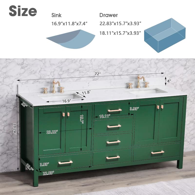 OpalithD 72 in. Bathroom Vanity with Double Sinks, Wood Bath Cabinet with Top