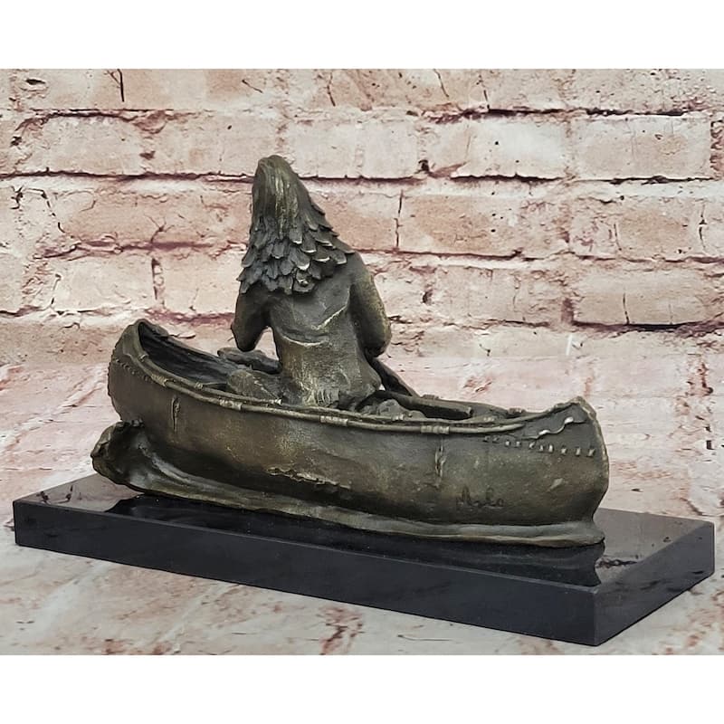 Native American Indian Man In Canoe Bronze Statue Sculpture Figure 7 Inches X 10 Inches