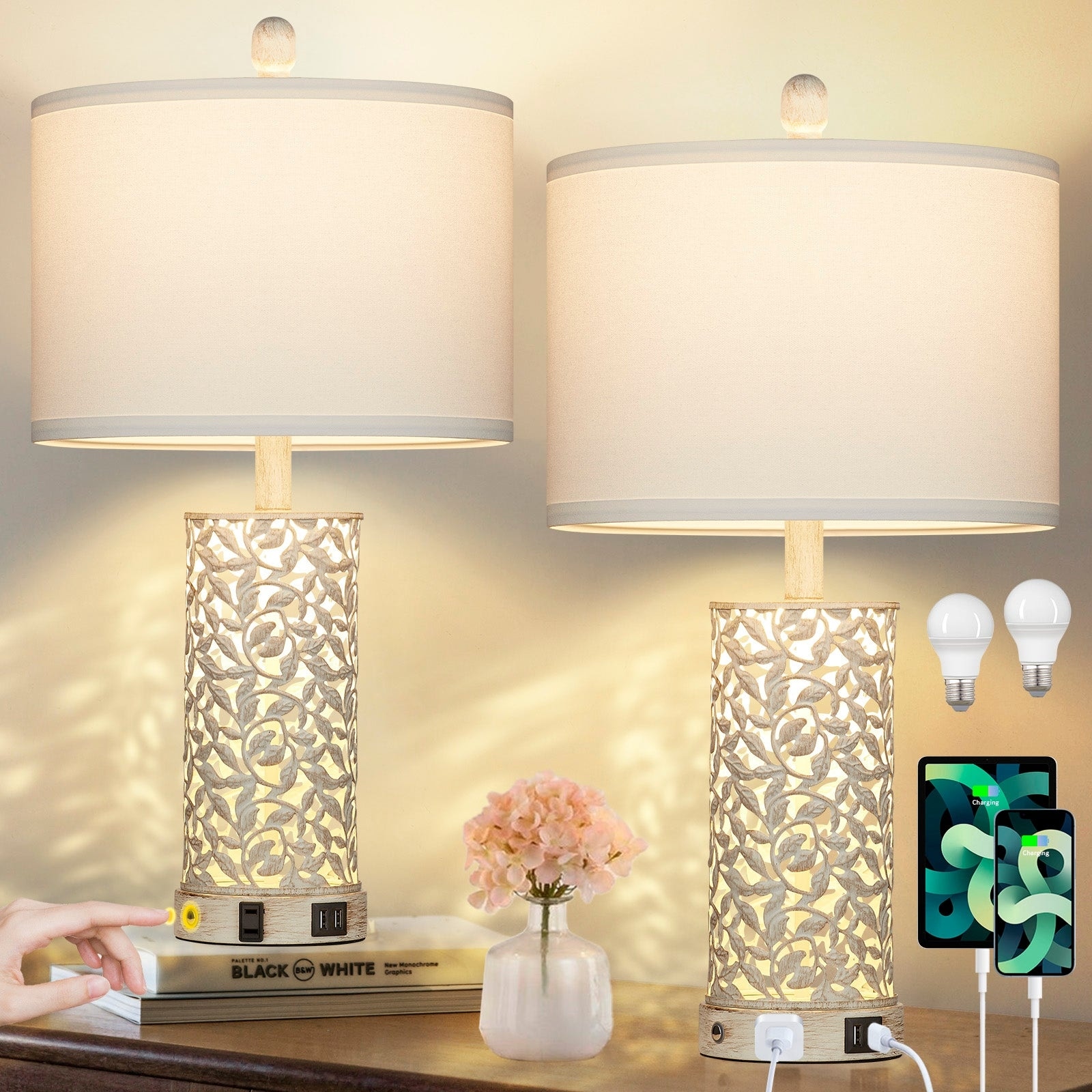 Table Lamps Nightlight 2in1 White with Gold Metal USB Ports AC Outlet Touch Switch(Set of 2)