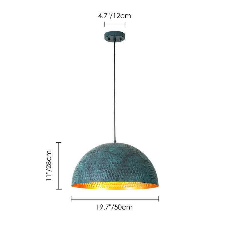 19.7" 1-Light Modern Industrial Black/Green Hand-Hammered Iron Dome Pendant Light for Dining Room
