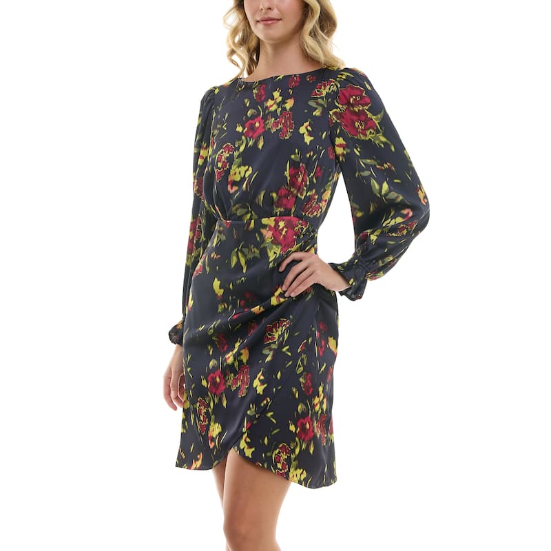 Nicole Miller Long Sleeved Printed Satin Dress