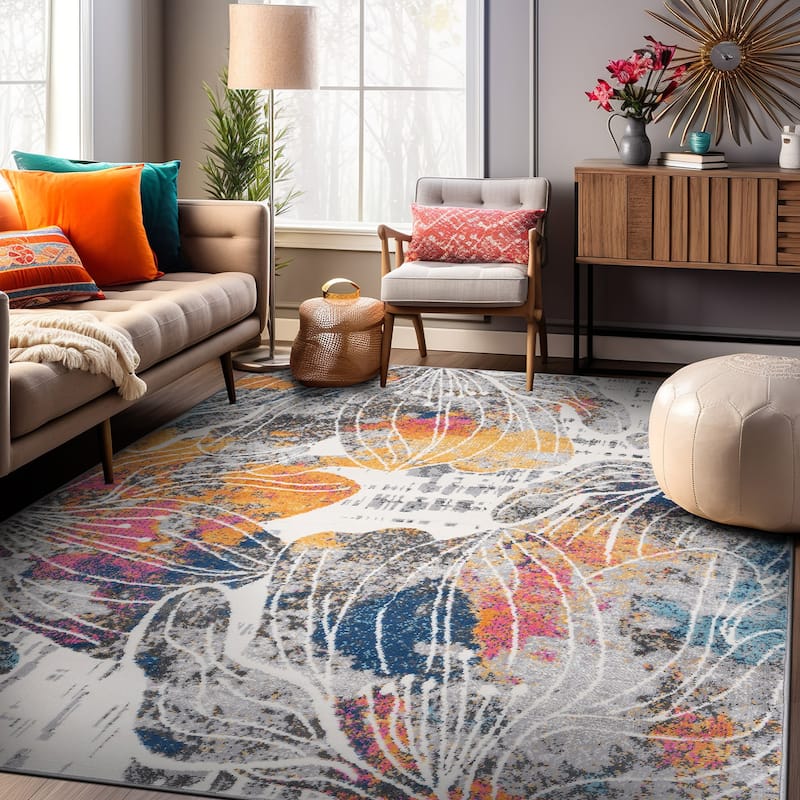 World Rug Gallery Modern Large Floral Distressed Area Rug - 5' x 7' - Multi - Rectangle