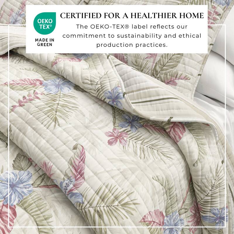 Linery & Co. Cotton Stitched Reversible Tropical Palm 3 Piece Quilt and Sham Set
