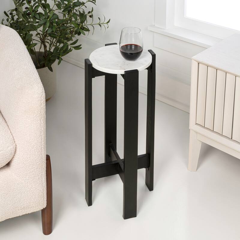 Elena 24″ Minimalist Structured Wood Drink & End Table, White Marble Round Top, By JONATHAN Y