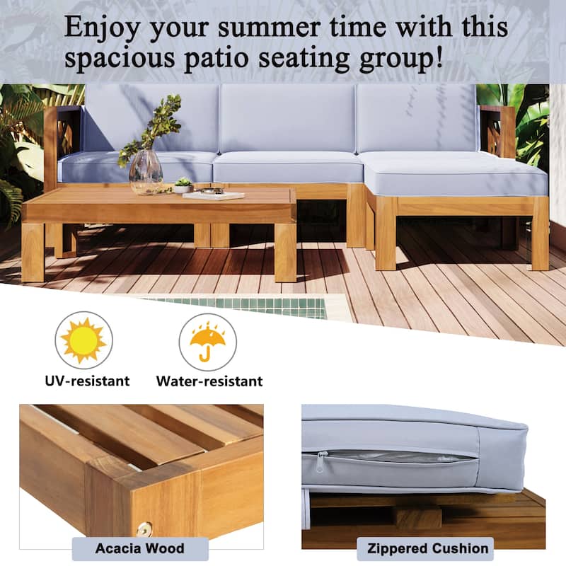 5 Piece Outdoor Patio Furniture Set, All Weather Outdoor Conversation Set, Wooden Sectional Sofa Set with Coffee Table