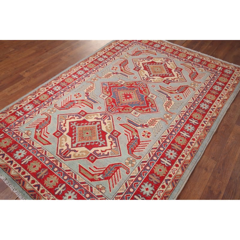Hand Knotted Oriental 100% Wool Carpet Traditional Geometric Navy Blue & Blues Kazak Area Rug - 5' 10'' X 4' 0''