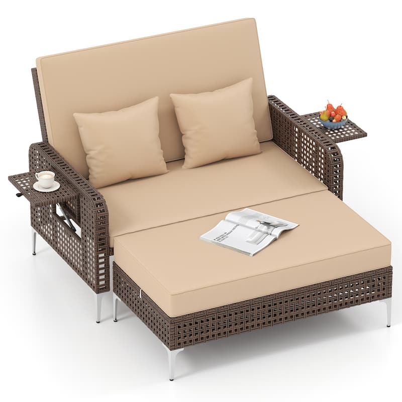 2 Piece Mix Brown Rattan Outdoor Daybed Loveseat and Ottoman Set with Adjustable Backrest - 50” x 48” x 35”
