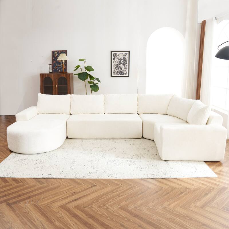 Chenille U-shaped Sofa, Cloud Sectional Sofa Set Upholstered Deep Seat Couches with 6 Pillow Recliner Sofa for Living Room