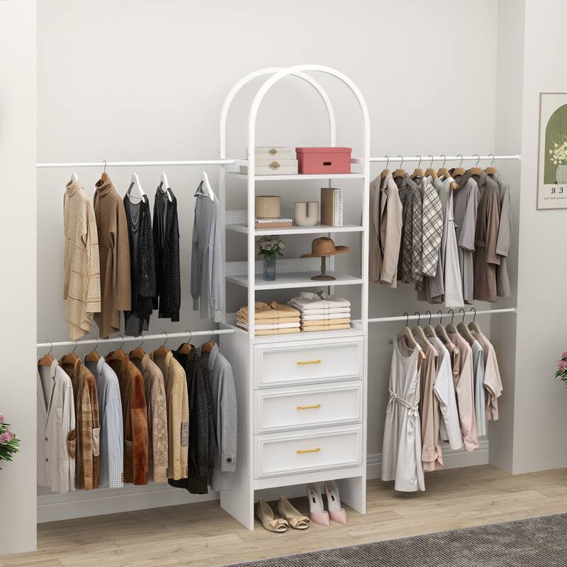 Wall-Mounted Clothing Storage Rack Multi-Functional Closet Organizer System with Adjustable Rods and Shelves