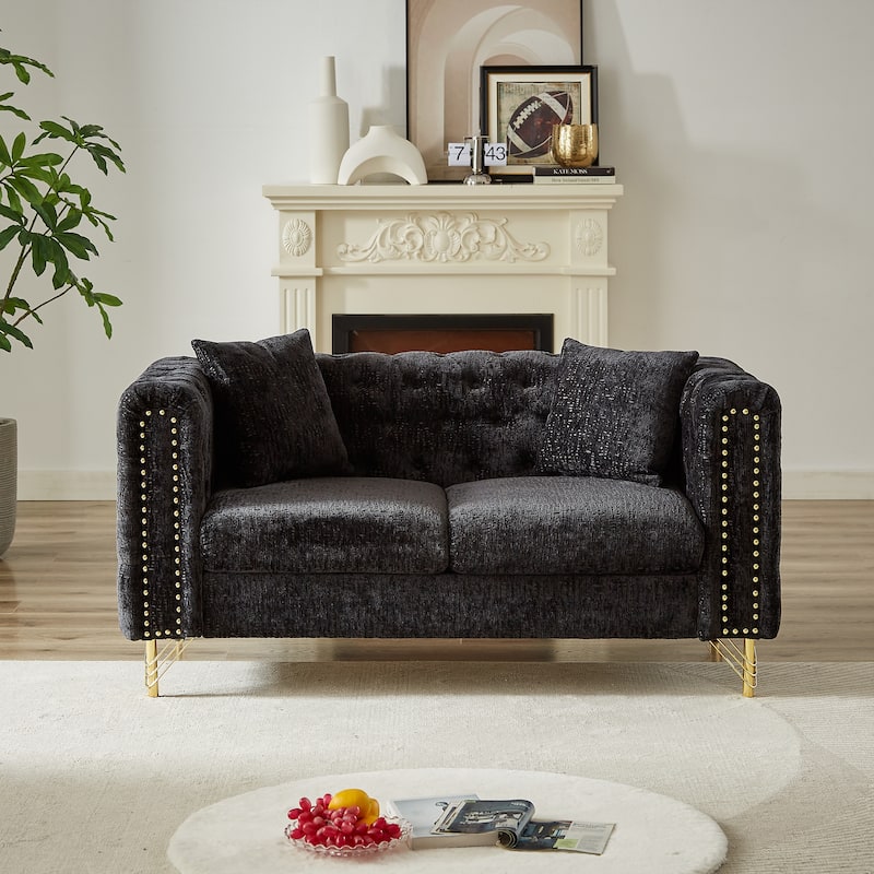 Modern 60-Inch Chenille Sofa, Chesterfield Pull-Buckle Design with Copper Nail Decor, Upholstered 2-Seater Couch
