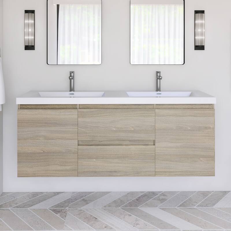 Modern Wall-Mounted Bathroom Vanity with White Solid Surface Top - 59.06'' x 19.69'' x 22.44'' - Grey and White