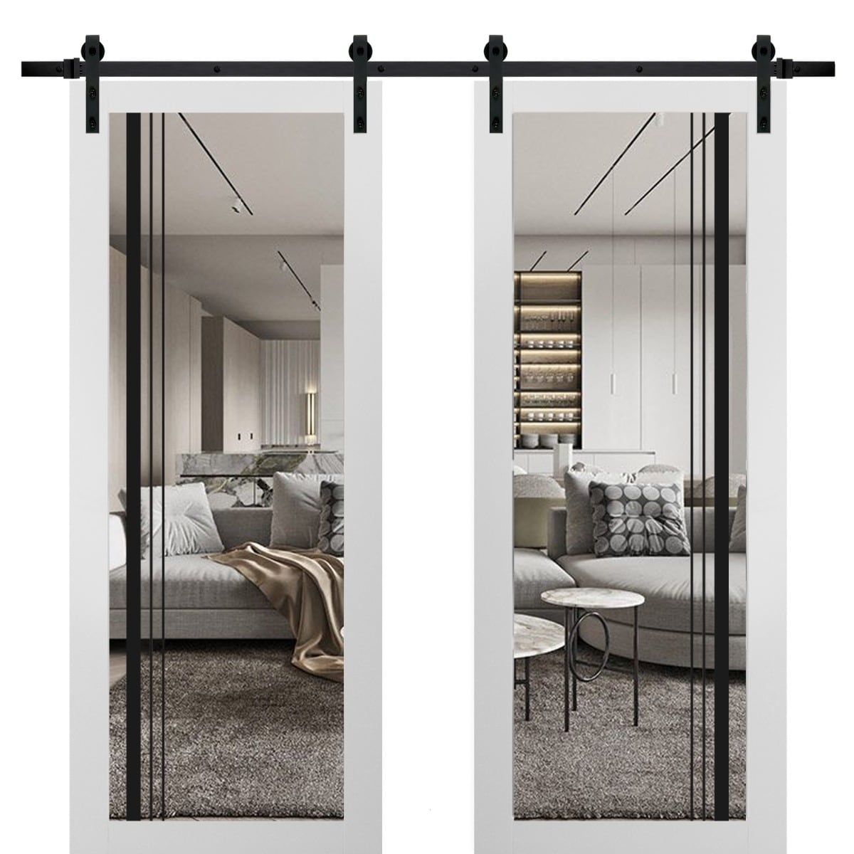 SartoDoors Lucia 2566 | Closet Door Double Barn Door | Solid Wood w/ Glass | Hardware Set | 36x80, White Silk Bedroom Door