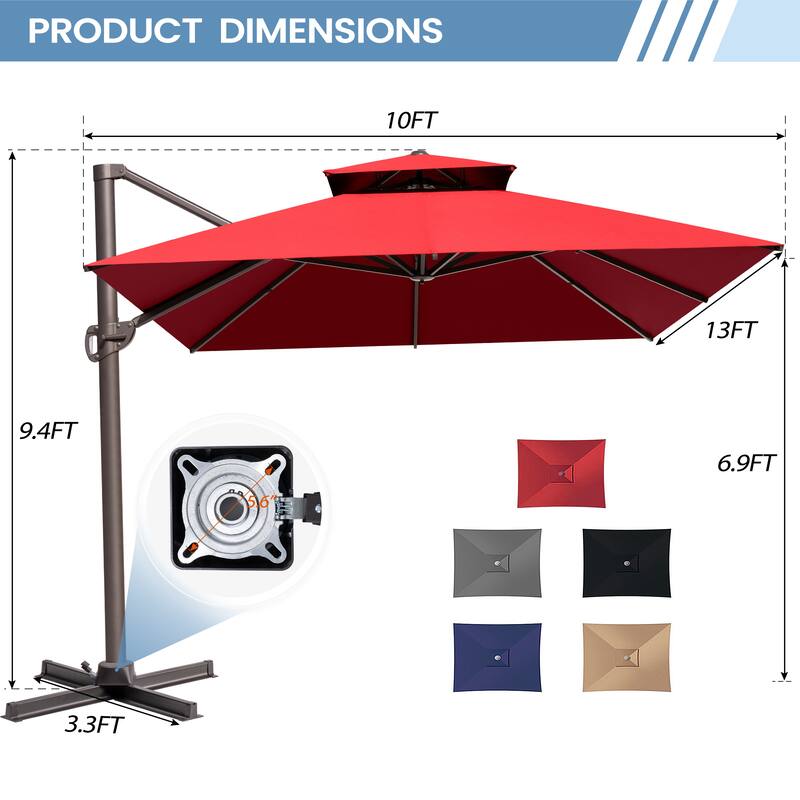10 x 13 Feet Double Top Rectangular Patio Offset Cantilever Umbrella Aluminum with Crank