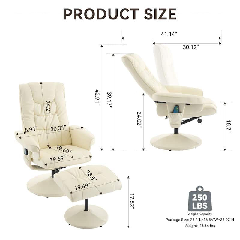 PU Leather 360° Swivel Massage Recliner Chair with Ottoman, Massage and Heated Seat