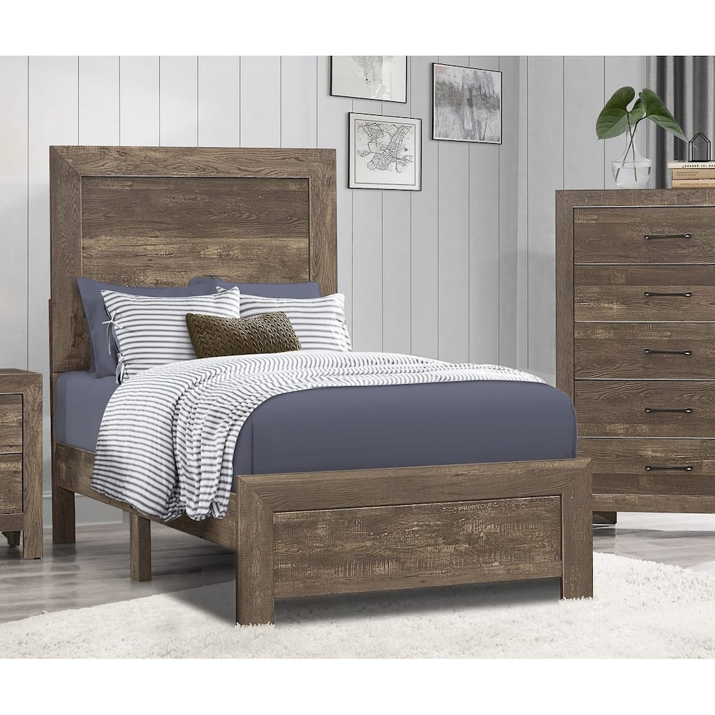 Rustic Brown Twin Size Wooden Bed with Headboard and Footboard
