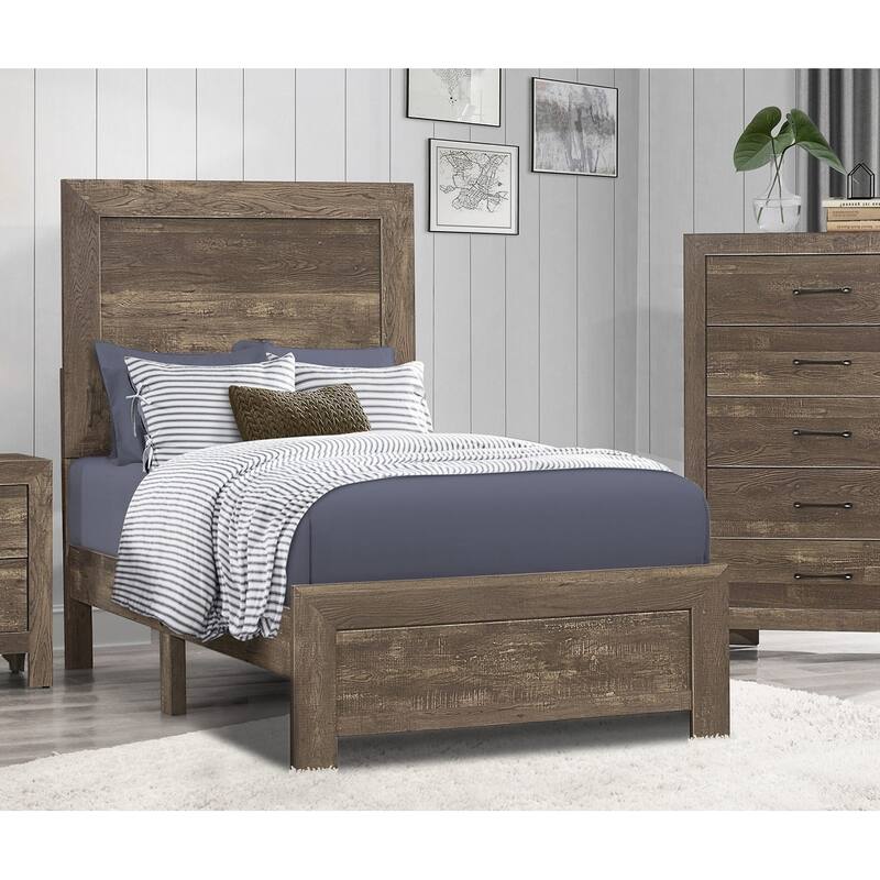 Twin Size Wood Panel Bed with Matching Footboard and Farmhouse Style - Rustic Brown