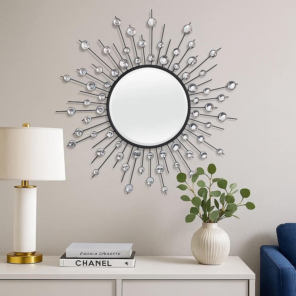 32 Inch Wall Decor, Round Mirror, Sunburst Style, Metal, Black, Silver