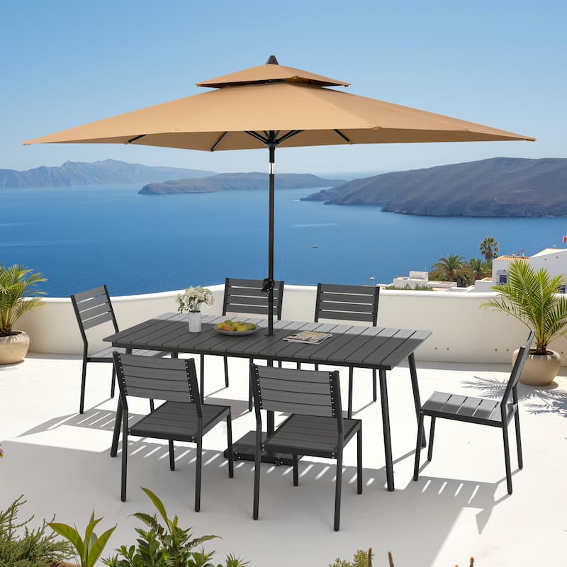 9PC Outdoor Patio Dining Set Aluminum Table with Stackable Chairs w/ Premium Market Umbrella Sets - GreyTable&GreyChairs&TanUmbrella