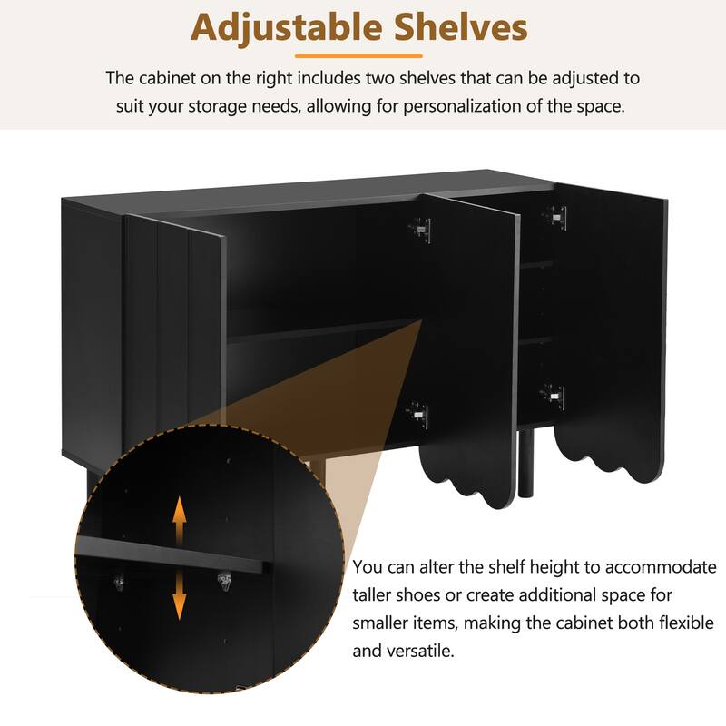 Wave Doors Accent Cabinet Sideboard with Adjustable Shelves, Storage Cabinet Console Table Shoe Cabinet for Living Room, Black