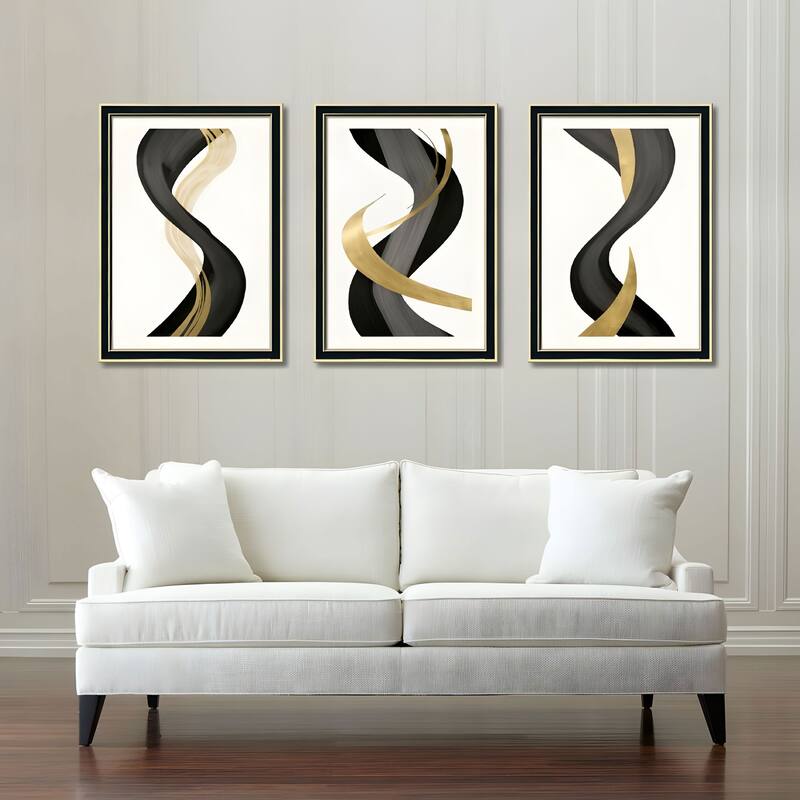 Set of 3 Black and Gold Abstract Framed Wall Art - Replaceable Canvas Prints with Solid Wood Picture Frames