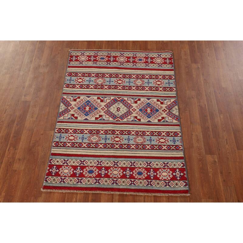 All-Over Geometric Kazak Oriental Accent Rug Hand-Knotted Wool Carpet - 3'5"x 4'10"