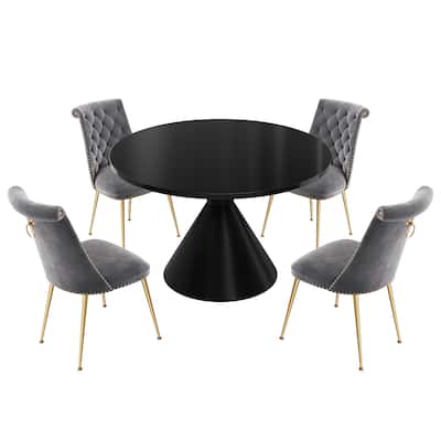 48" Light Luxury Black High Gloss Large Countertop Dining Table with Velvet Dining Chair Set