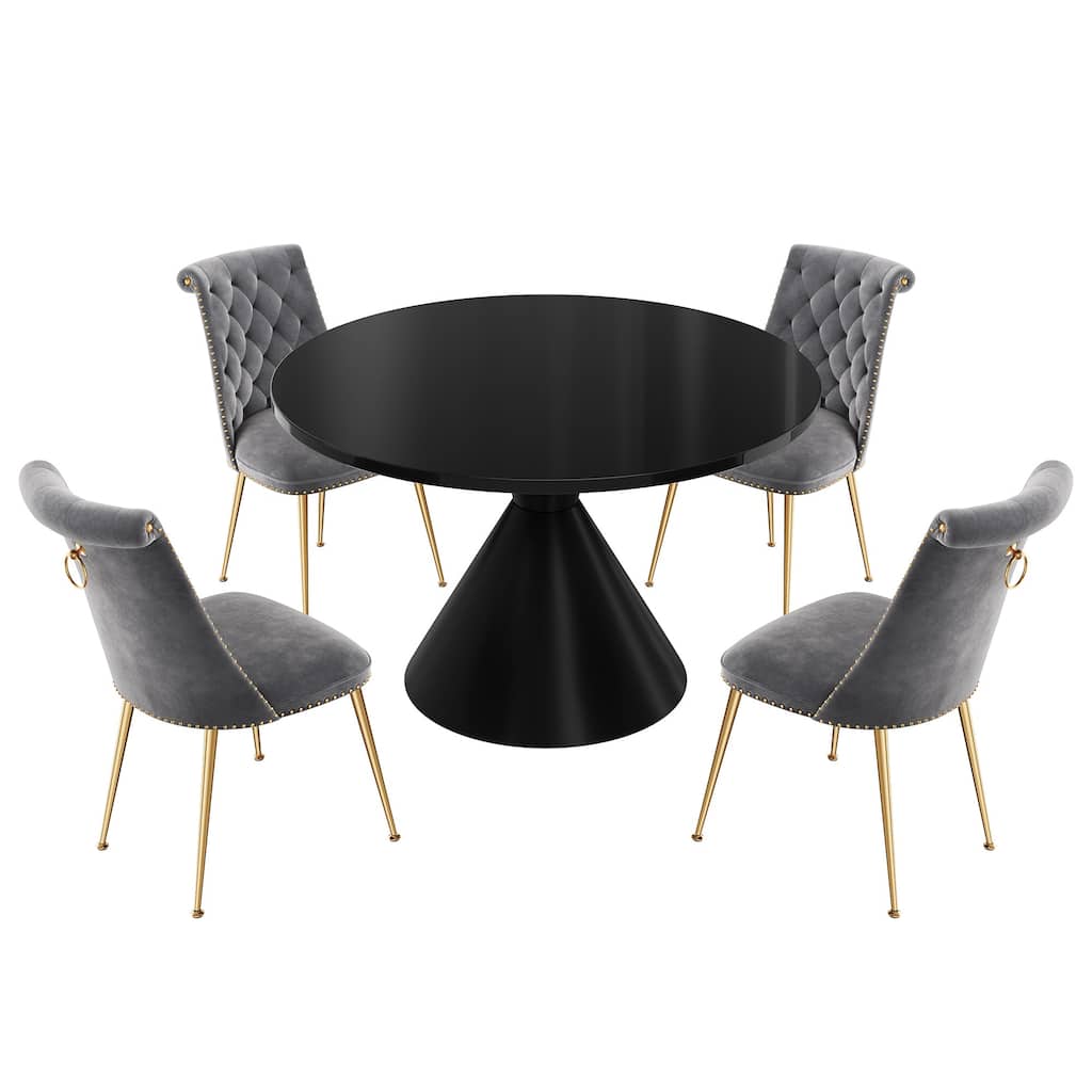 48" Light Luxury Black High Gloss Large Countertop Dining Table with Velvet Dining Chair Set