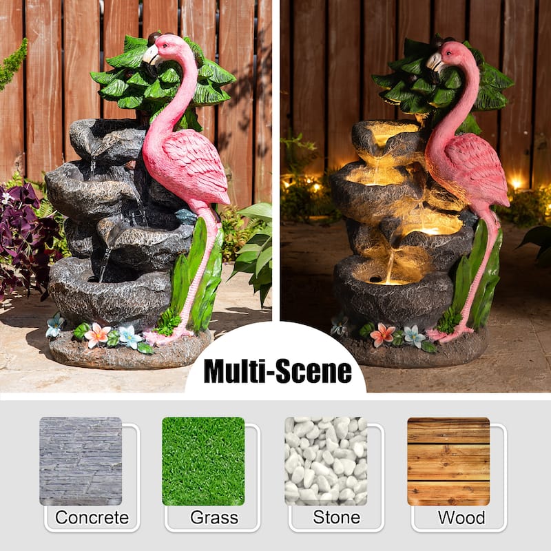 Glitzhome 23.5"H 4-Tiered Flamingo Polyresin Stone Outdoor Fountain with Lights