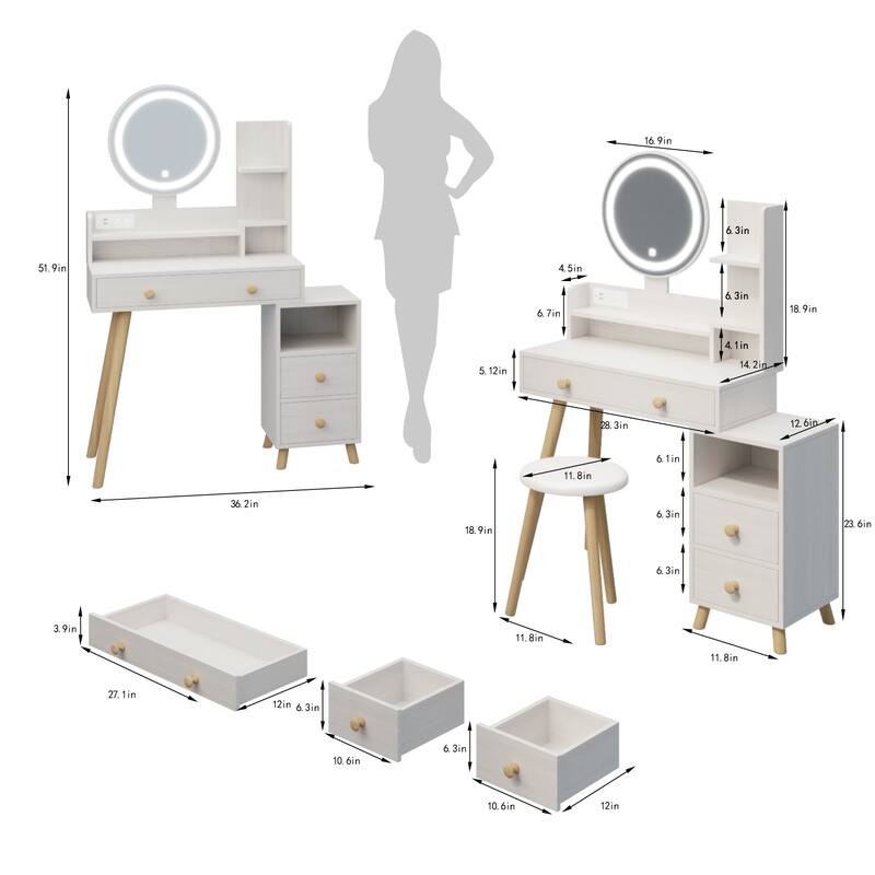 Makeup Vanity Table, 4 Drawers, with 3 colors LED Mirror