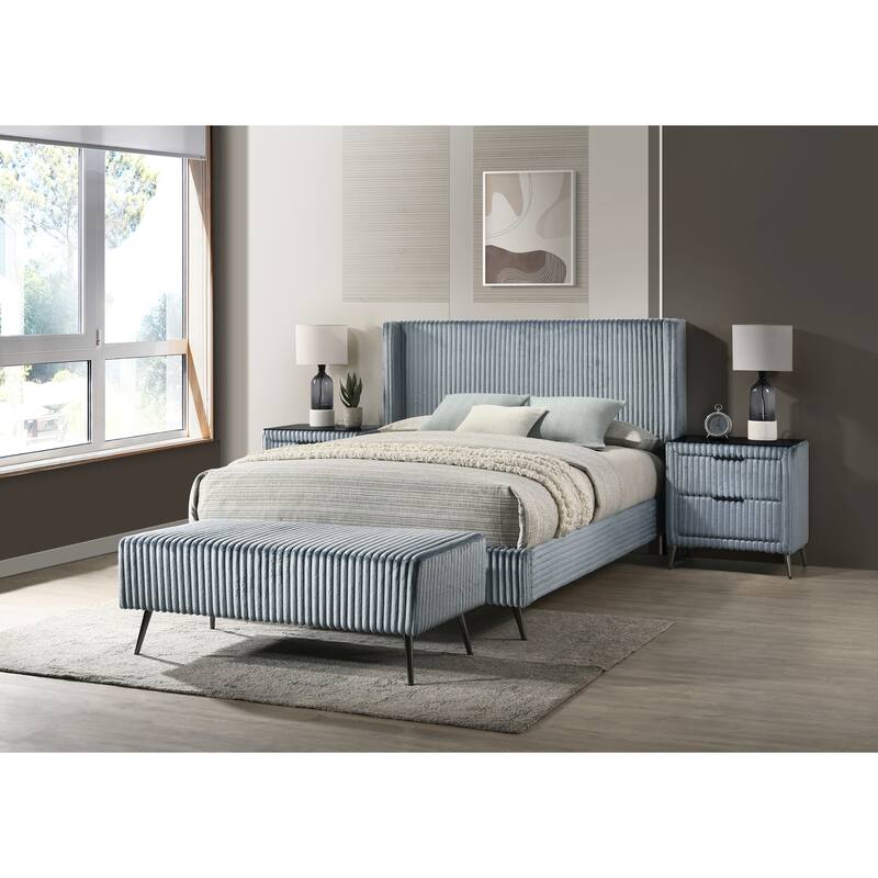 Queen Size Upholstered Panel Bed Set with 2 Nightstands and Storage Bench - Blue