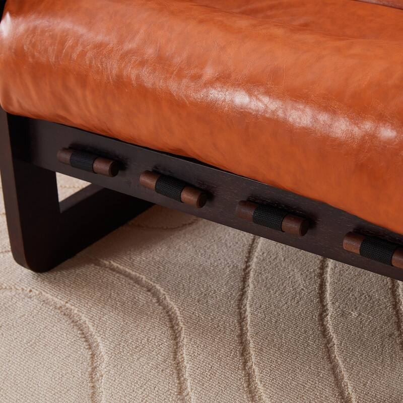 Vintage Orange Medieval Modern Lounge Chair - Removable Armrests, Waxed Leather & Rubberwood Frame