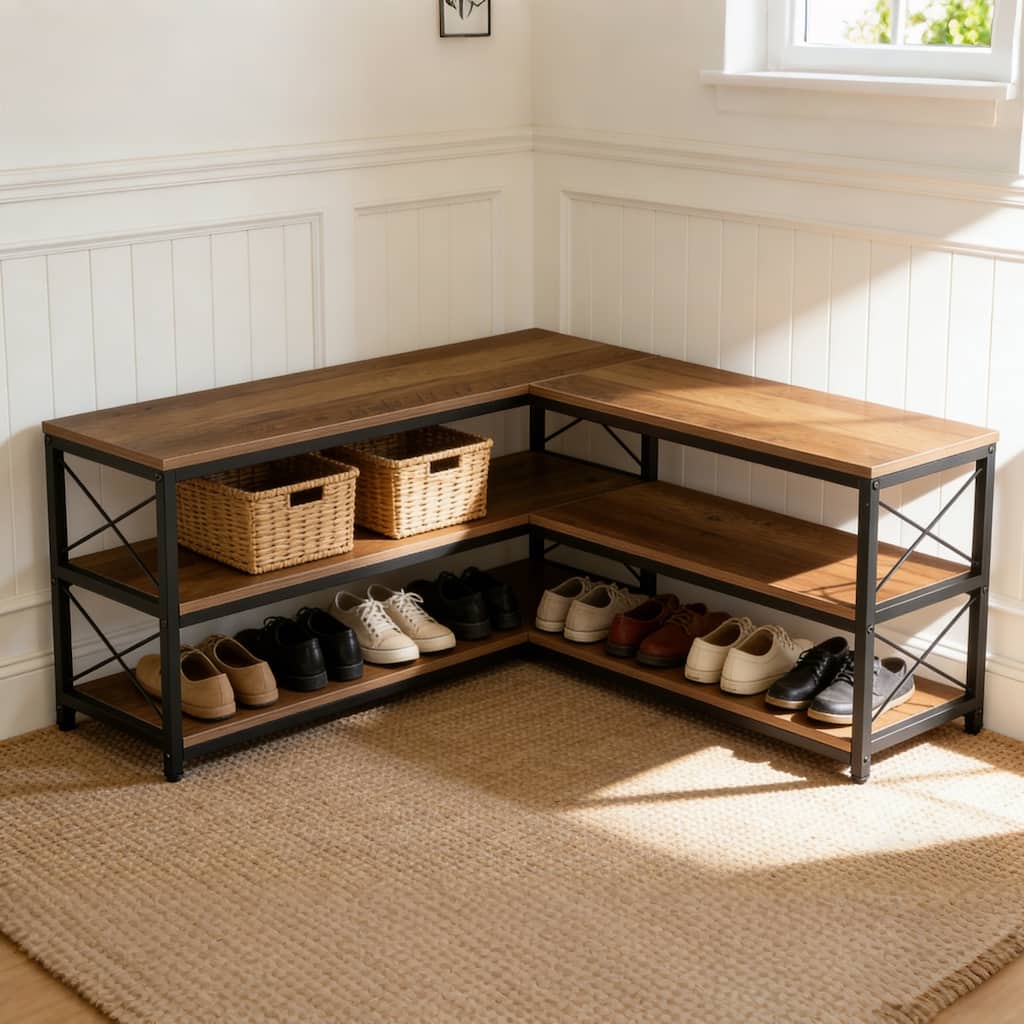 39.4" L-Shaped Shoe Rack Bench, 3-Tier Entryway Corner Bench with Shoe Storage