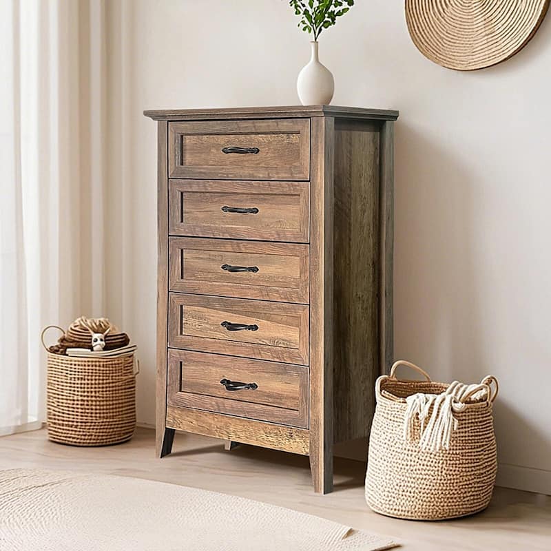 5 Drawers Dresser for Bedroom, Wood Tall Chset of Drawers, Farmhouse Dresser Chests with Metal Handle for Bedroom,Living
