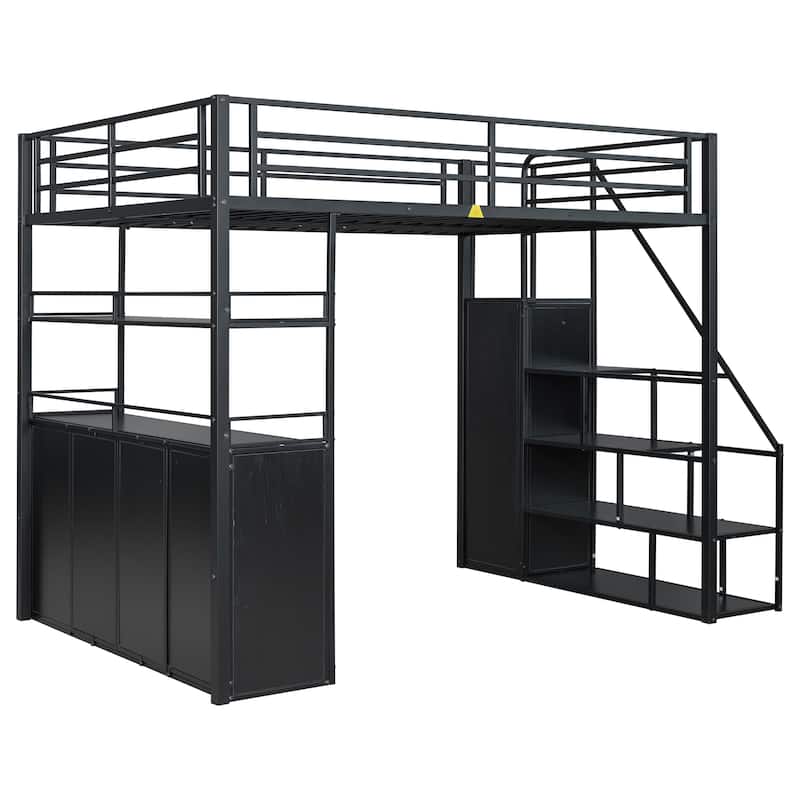 Full Size Metal Loft Bed with Storage Staircase and Wardrobe, Shelves