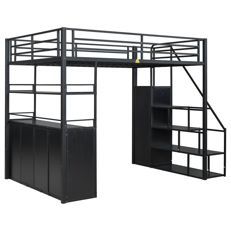 Metal Loft Bed with Storage Staircase and Wardrobe,Shelves and Lockers