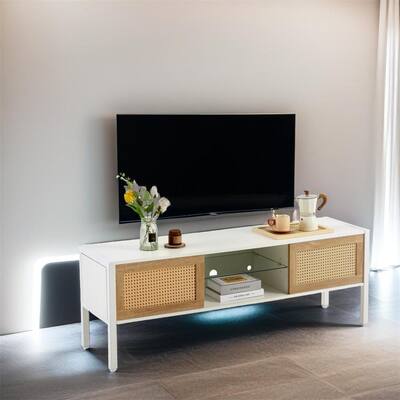 Rattan Tv Cabinet w/Variable Color Light Strip,Double Sliding Doors