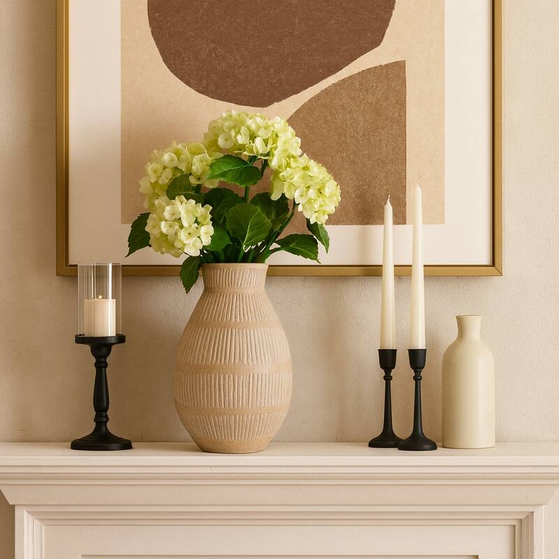 Ceramic Modern Round Flower Vase with Lines - Ivory