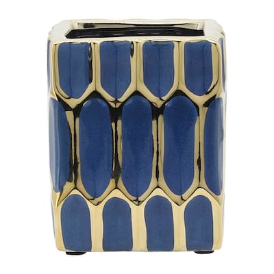 4" Ceramic Pen Holder Contemporary Blue and Gold Trendy Square Utensil Holder For Home or Office Decorative Desk - 3" x 3" x 4"