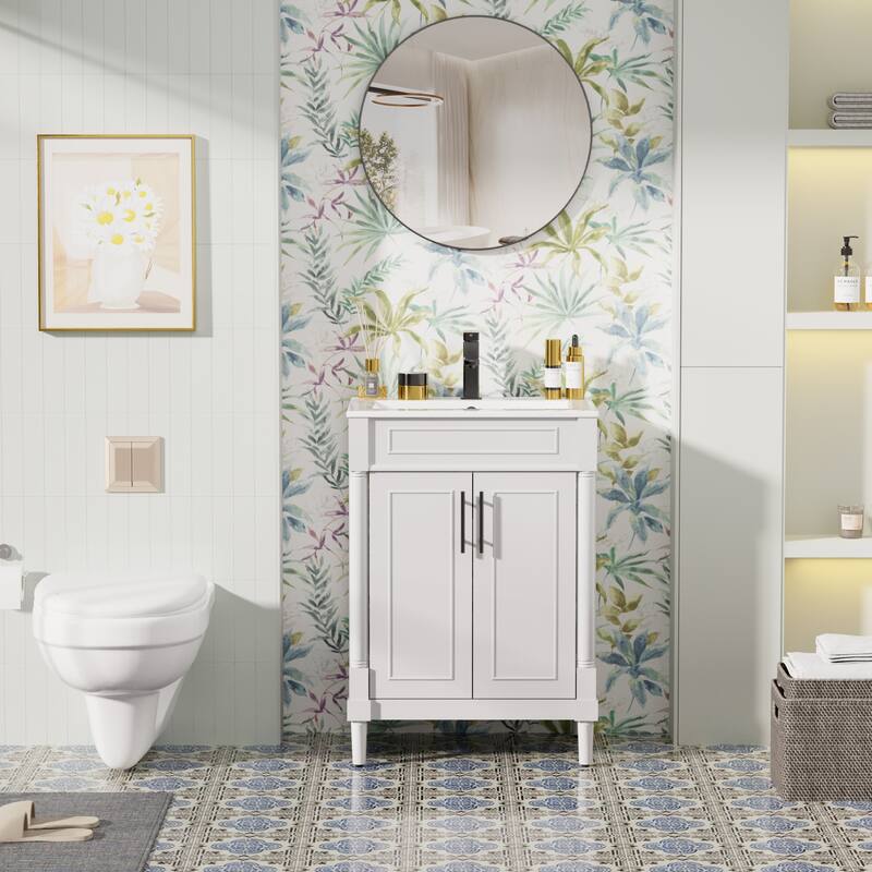 24"/30"/36" Retro Bathroom Vanity W/ Drop in Sink Combo Cabinet Set - White - 24"