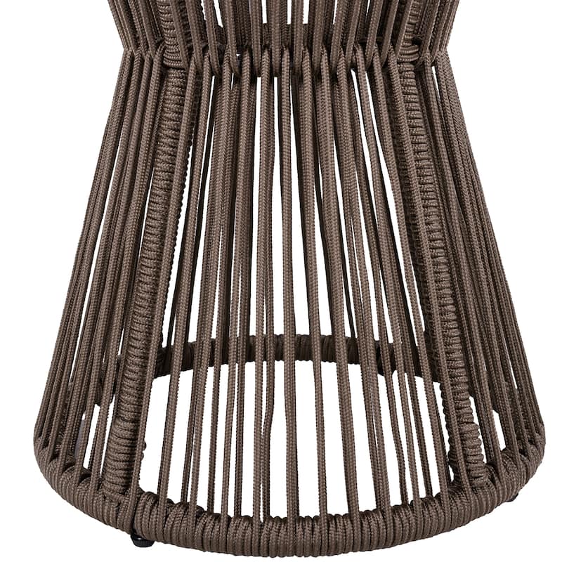 Roomfitters 25.8" Outdoor Side Table Modern Woven Rope Hourglass Patio Accent Table with Teak Wood Finish Top