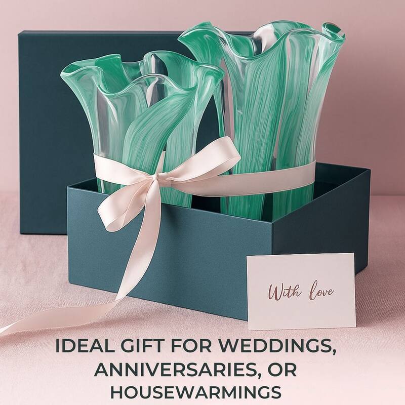 Green Set of 2 Striped Handblown Glass Vases with Broad Rim and Ruffle