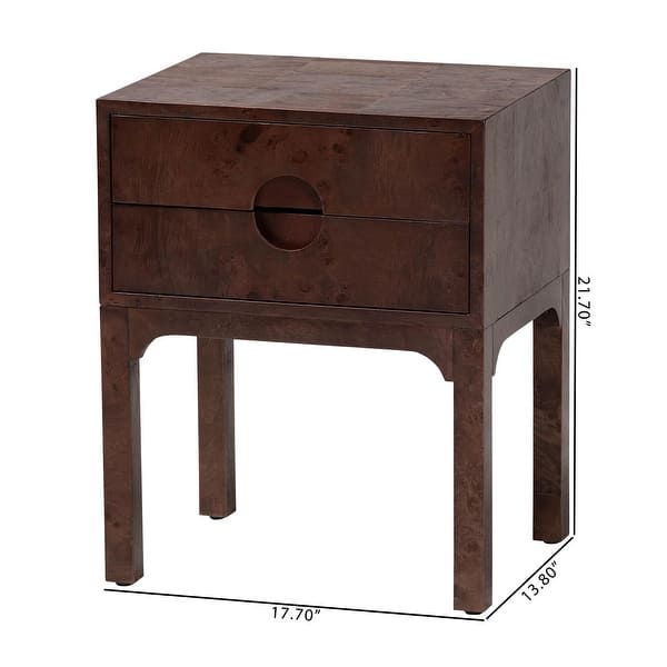 dimension image slide 0 of 2, Kayla Modern and Contemporary Natural Light Mappa Real Burl Wood 2-Drawer Nightstand