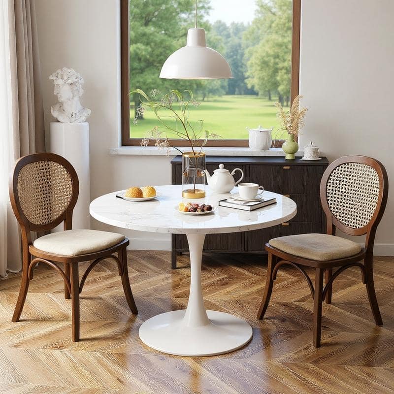 Grondin Mid-Century Modern Round Kitchen or Dining Table with Premium MDF Top and Steel Pedestal Base for Dining Room