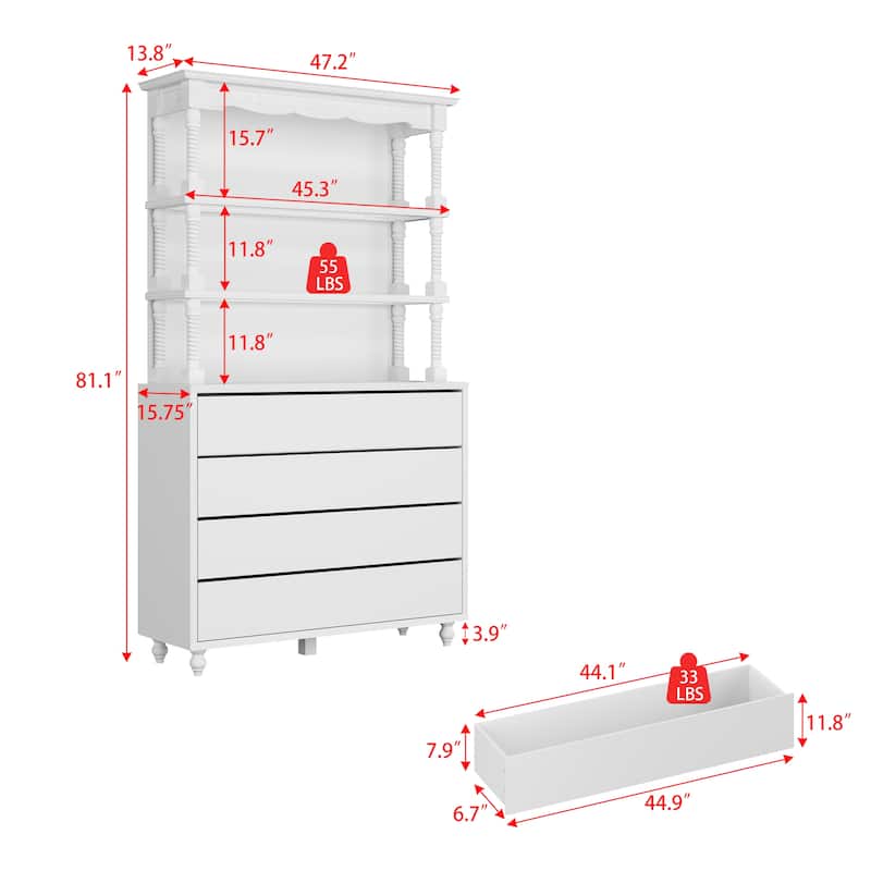 Dresser Chest Display Cabinet with Hutch, 4-Drawer Storage Dresser with Open Shelves, Heavy-Duty Shelf System