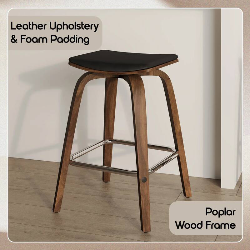 Pelya Leather Swivel Square Counter Stool with Wood Legs and Chrome Footrest for Kitchen Island or Dining Area Set of 2