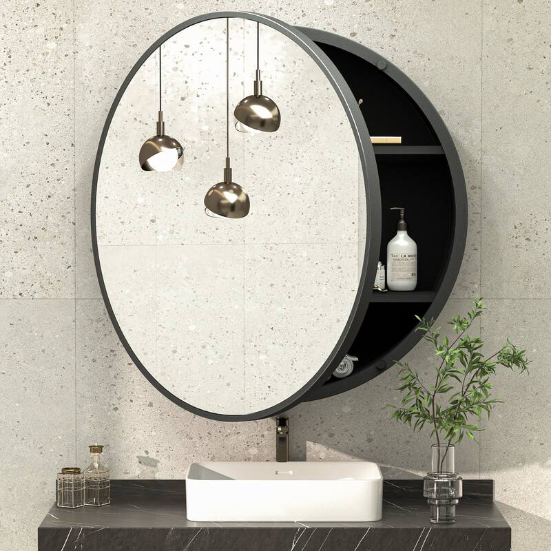 TokeShimi Metal Framed Round Medicine Cabinet with Mirror for Vanity - 30''x30'' - Black
